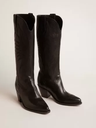 Botas Wish Star para mujer en piel negra con estrella bordada tono sobre tono