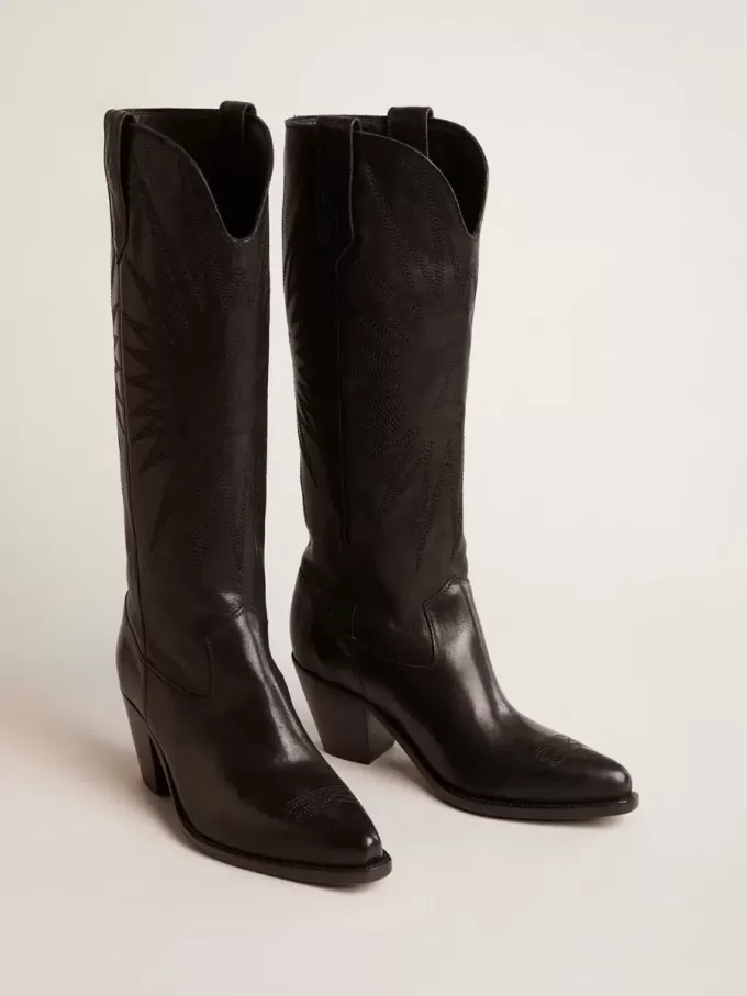 Botas Wish Star para mujer en piel negra con estrella bordada tono sobre tono Botas Wish Star para mujer en piel negra con estrella bordada tono sobre tono