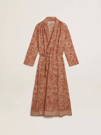 Caftán de mujer en voile de algodón con estampado marino rojo ladrillo por toda la prenda