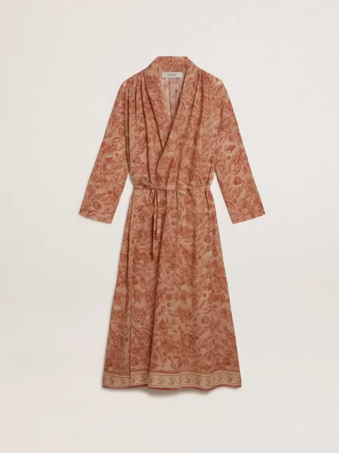 Caftán de mujer en voile de algodón con estampado marino rojo ladrillo por toda la prenda Caftán de mujer en voile de algodón con estampado marino rojo ladrillo por toda la prenda