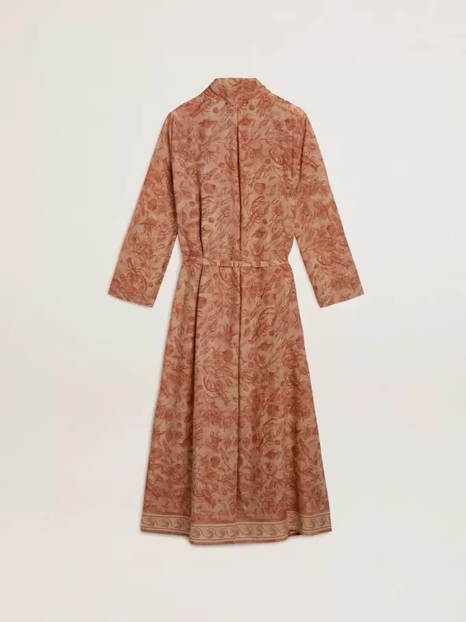 Caftán de mujer en voile de algodón con estampado marino rojo ladrillo por toda la prenda Caftán de mujer en voile de algodón con estampado marino rojo ladrillo por toda la prenda