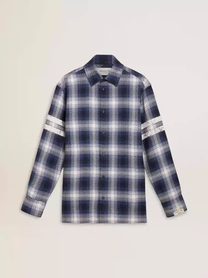 Camisa azul de cuadros 3D para hombre con estampado en la espalda