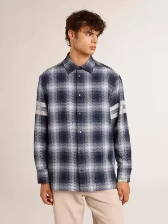 Camisa azul de cuadros 3D para hombre con estampado en la espalda