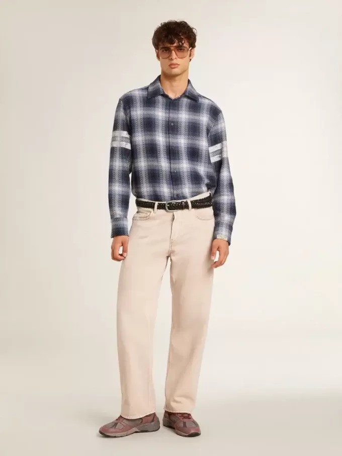 Camisa azul de cuadros 3D para hombre con estampado en la espalda