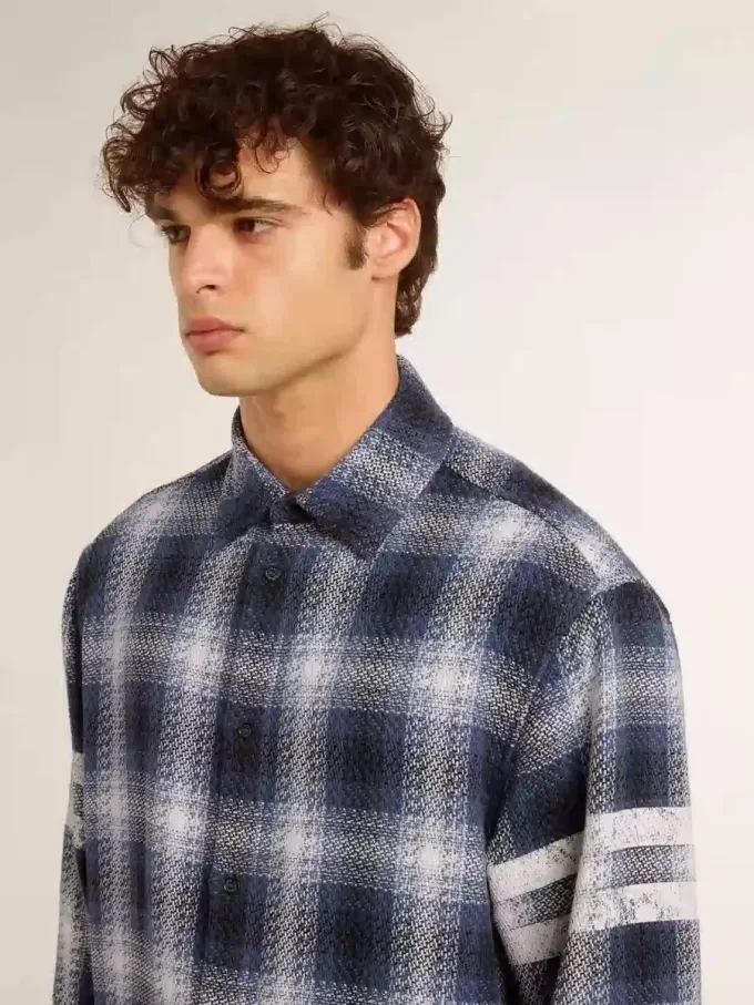 Camisa azul de cuadros 3D para hombre con estampado en la espalda