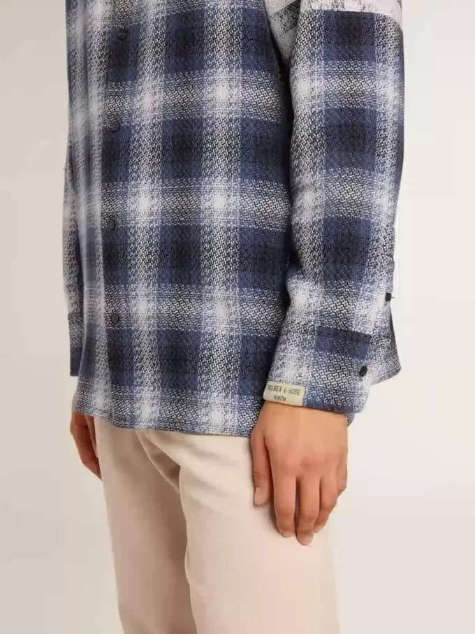 Camisa azul de cuadros 3D para hombre con estampado en la espalda