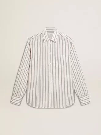 Camisa blanca de algodón para hombre con finas rayas burdeos