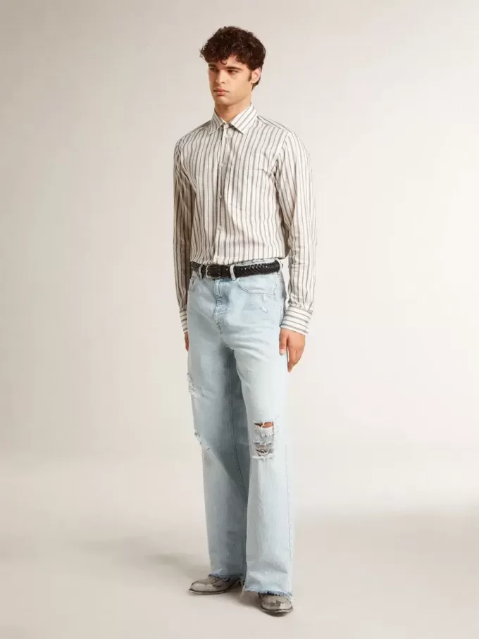 Camisa blanca de algodón para hombre con finas rayas burdeos Camisa blanca de algodón para hombre con finas rayas burdeos