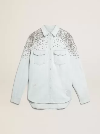 Camisa boyfriend blanqueada para mujer con cristales cabujones