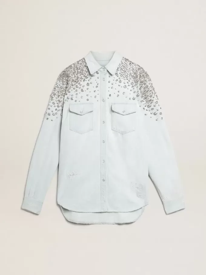 Camisa boyfriend blanqueada para mujer con cristales cabujones