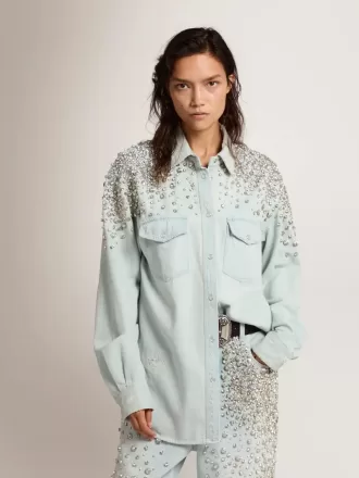 Camisa boyfriend blanqueada para mujer con cristales cabujones