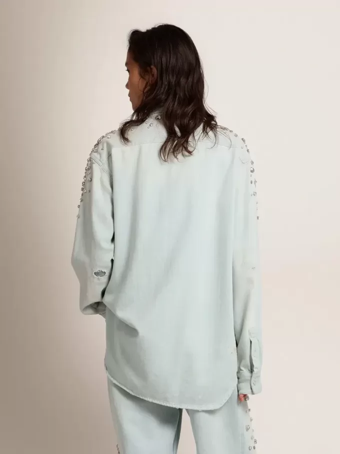 Camisa boyfriend blanqueada para mujer con cristales cabujones