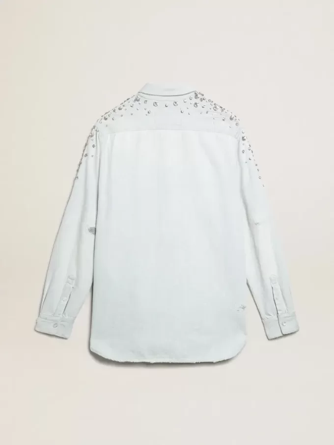 Camisa boyfriend blanqueada para mujer con cristales cabujones