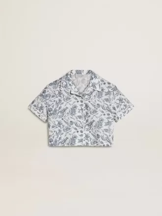 Camisa corta blanca para niña con estampado azul