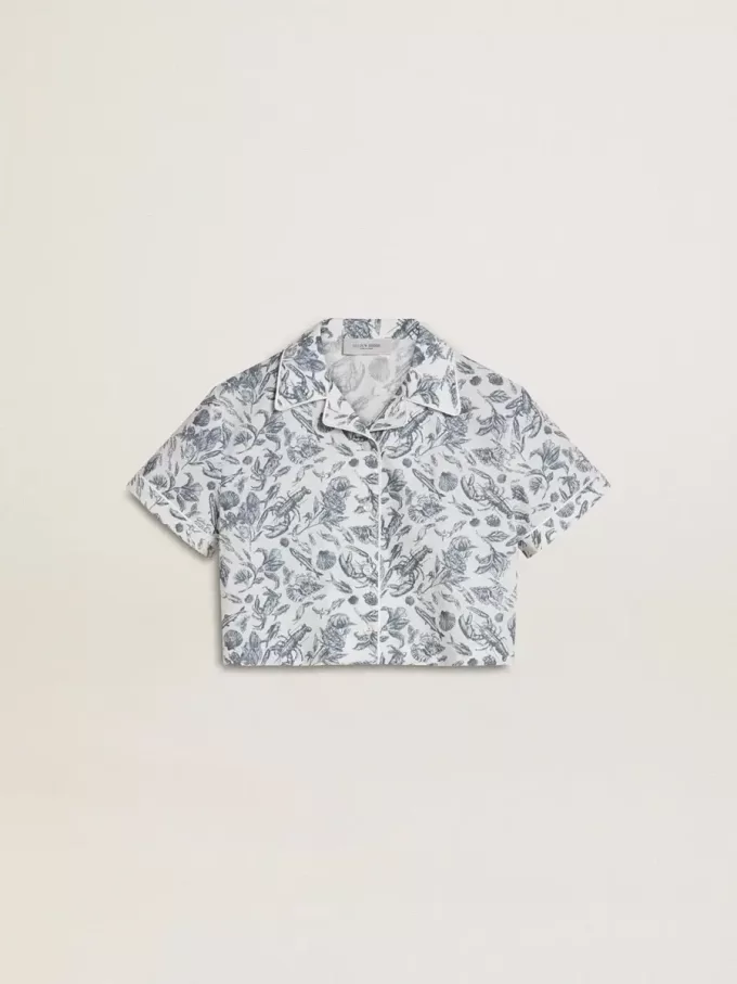 Camisa corta blanca para niña con estampado azul Camisa corta blanca para niña con estampado azul