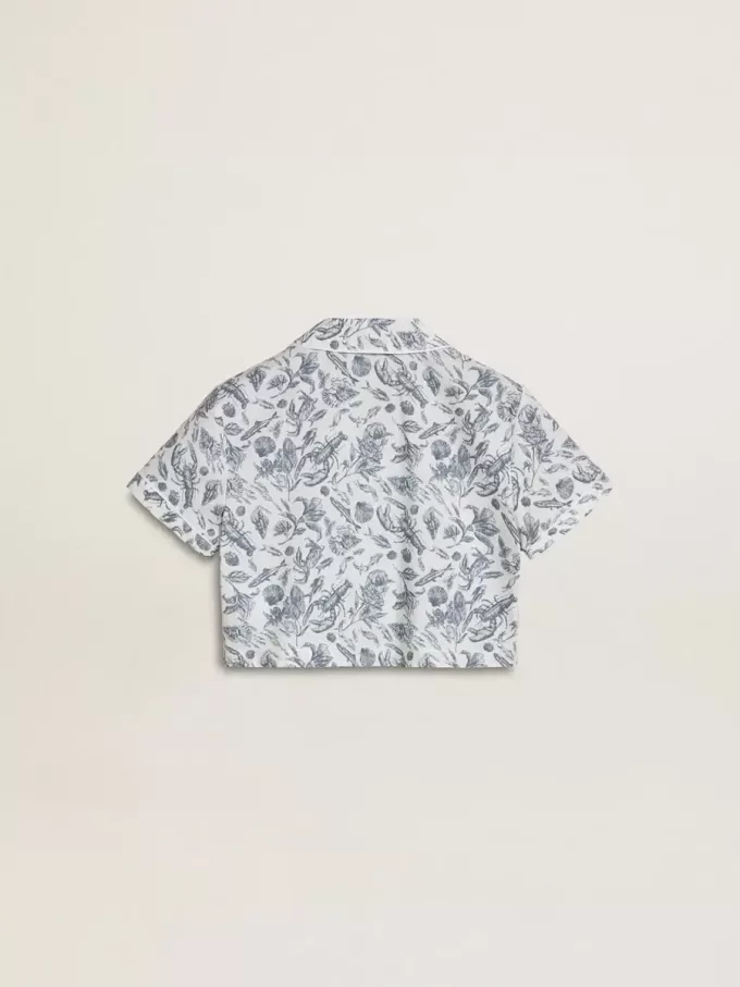 Camisa corta blanca para niña con estampado azul Camisa corta blanca para niña con estampado azul