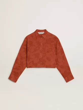 Camisa corta de mujer en jacquard rojo ladrillo con mangas anchas