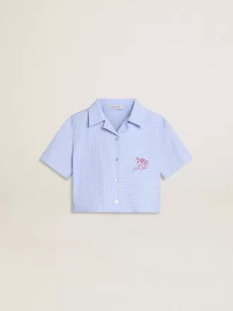 Camisa corta de niña de algodón azul claro a rayas