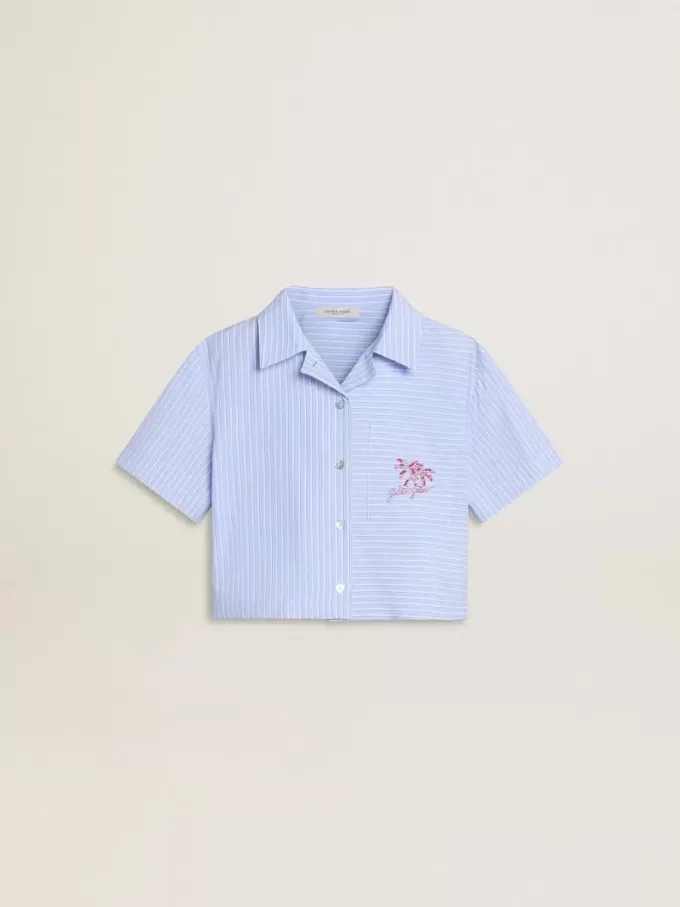 Camisa corta de niña de algodón azul claro a rayas Camisa corta de niña de algodón azul claro a rayas