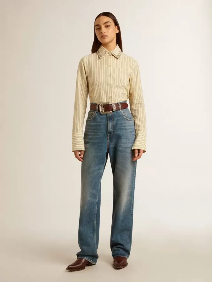 Camiseta de algodón blanco envejecido para mujer con estampado y bordado