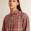 Camisa de mujer con bordado a cuadros rosa, arena y gris