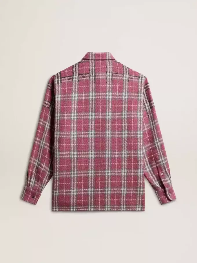 Camisa de mujer con bordado a cuadros rosa, arena y gris