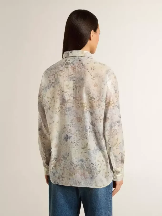 Camisa de mujer con estampado floral multicolor de lentejuelas Camisa de mujer con estampado floral multicolor de lentejuelas
