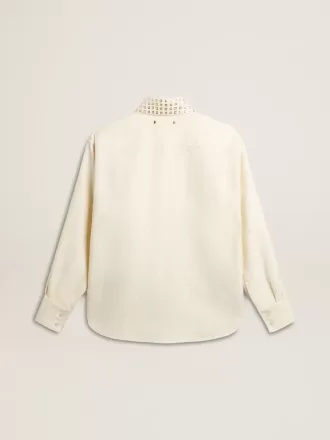 Camisa de mujer de mezcla de viscosa y algodón con cuello adornado con cristales