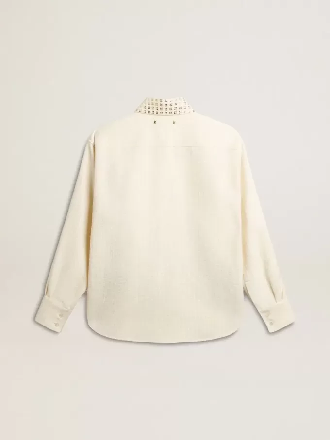 Camisa de mujer de mezcla de viscosa y algodón con cuello adornado con cristales