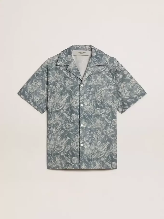 Camisa de popelín de manga corta estilo pijama para hombre con estampado marino azul y blanco