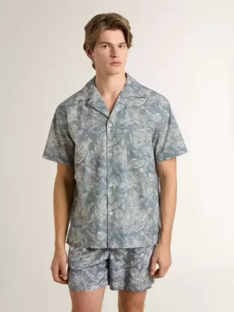 Camisa de popelín de manga corta estilo pijama para hombre con estampado marino azul y blanco