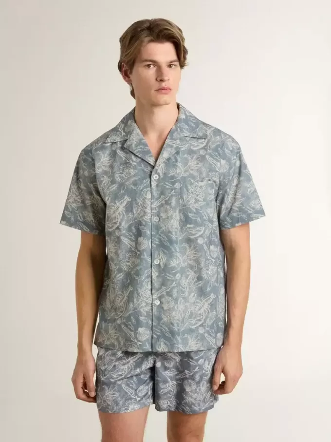 Camisa de popelín de manga corta estilo pijama para hombre con estampado marino azul y blanco