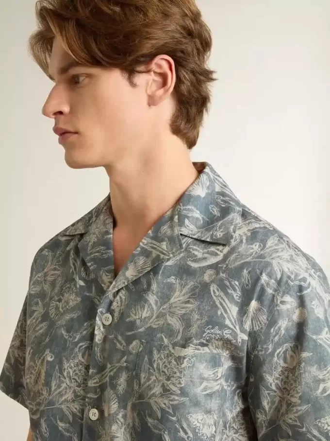 Camisa de popelín de manga corta estilo pijama para hombre con estampado marino azul y blanco