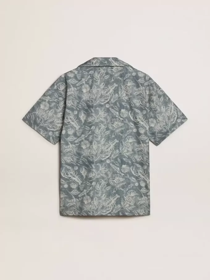 Camisa de popelín de manga corta estilo pijama para hombre con estampado marino azul y blanco