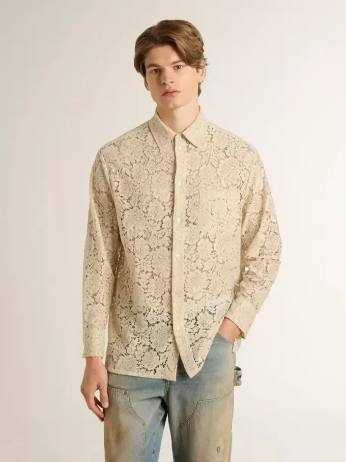 Camisa oversize de encaje transparente color crema