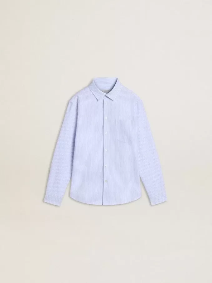 Camisa para niño de algodón a rayas azul claro y blanco con logotipo bordado