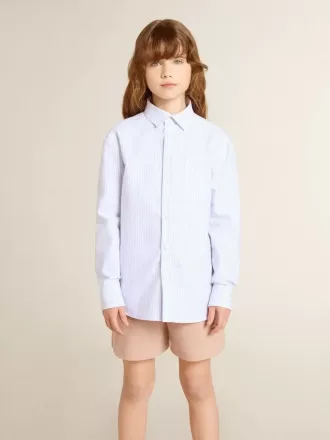 Camisa para niño de algodón a rayas azul claro y blanco con logotipo bordado