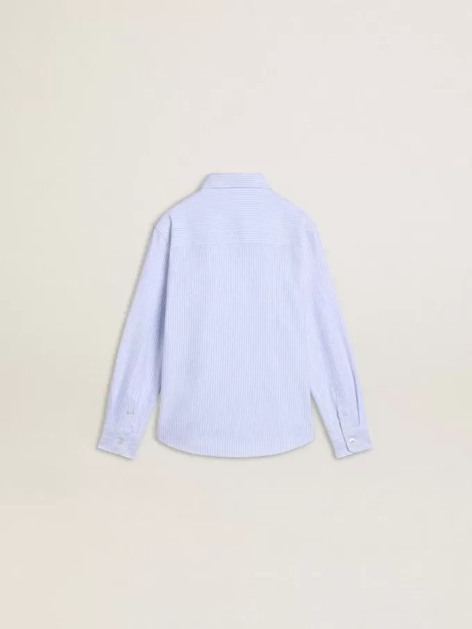Camisa para niño de algodón a rayas azul claro y blanco con logotipo bordado