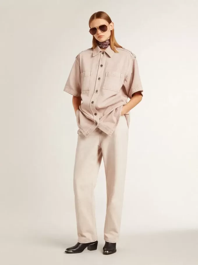 Camisa vaquera oversize para mujer teñida en rosa