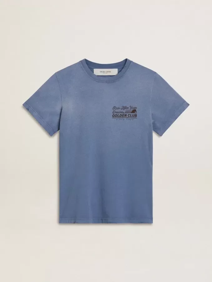 Camiseta azul claro descolorida para mujer con estampado en el pecho Camiseta azul claro descolorida para mujer con estampado en el pecho