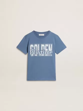 Camiseta azul para niño con estampado blanco