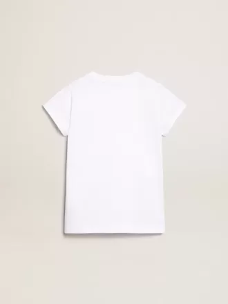 Camiseta blanca con letras doradas en cristales en el centro