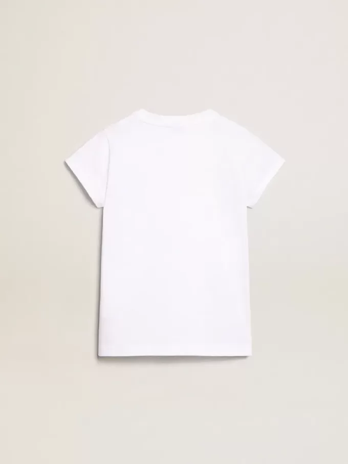 Camiseta blanca con letras doradas en cristales en el centro