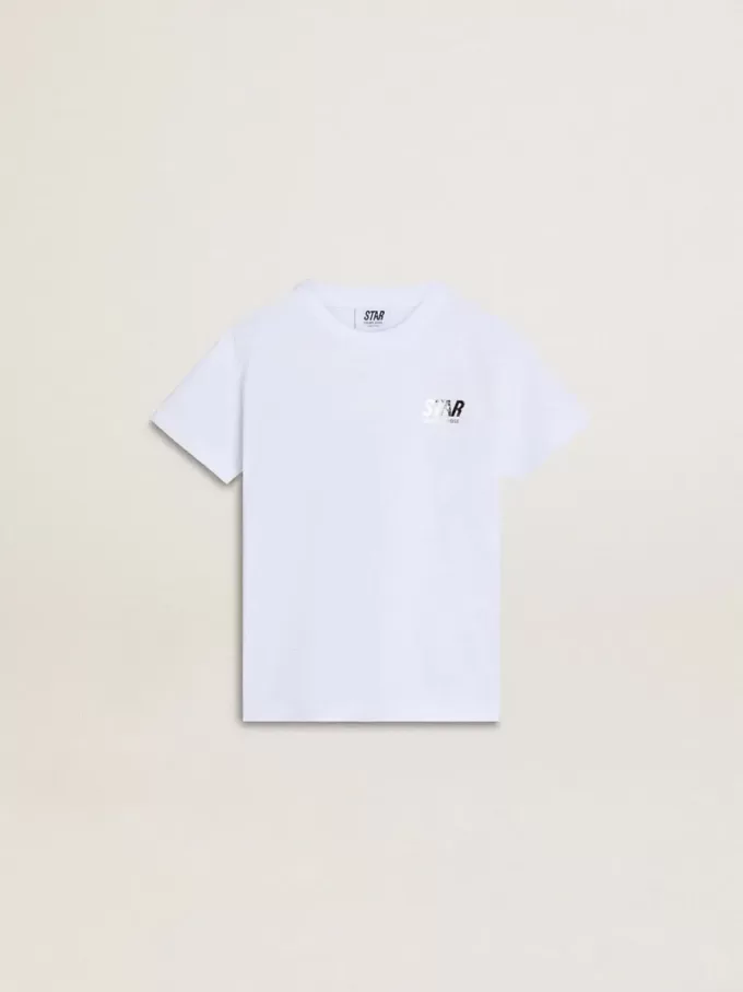 Camiseta blanca de algodón para niños con estampado plateado Camiseta blanca de algodón para niños con estampado plateado