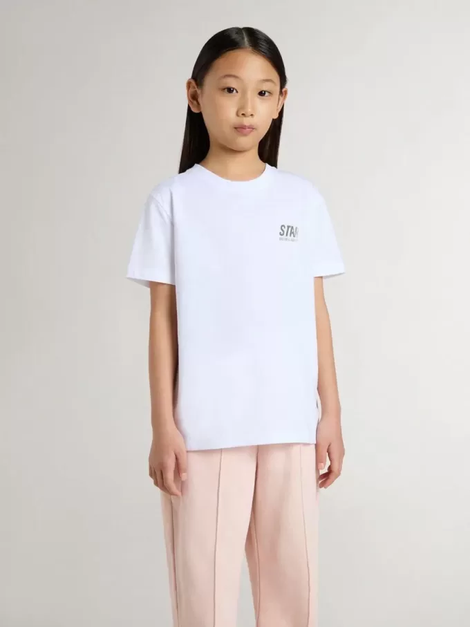 Camiseta blanca de algodón para niños con estampado plateado Camiseta blanca de algodón para niños con estampado plateado