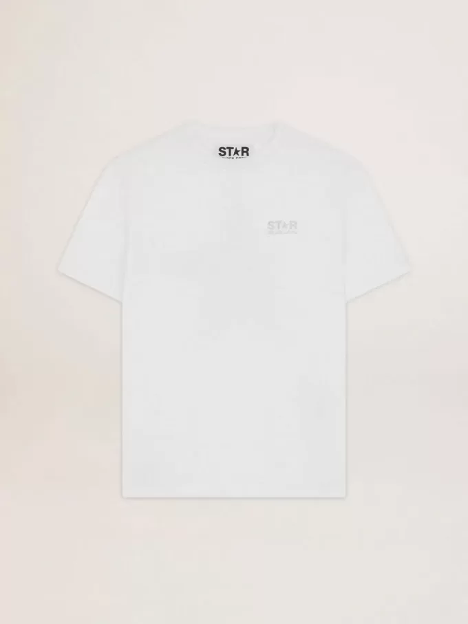 Camiseta blanca de mujer con logotipo y estrella plateados brillantes Camiseta blanca de mujer con logotipo y estrella plateados brillantes