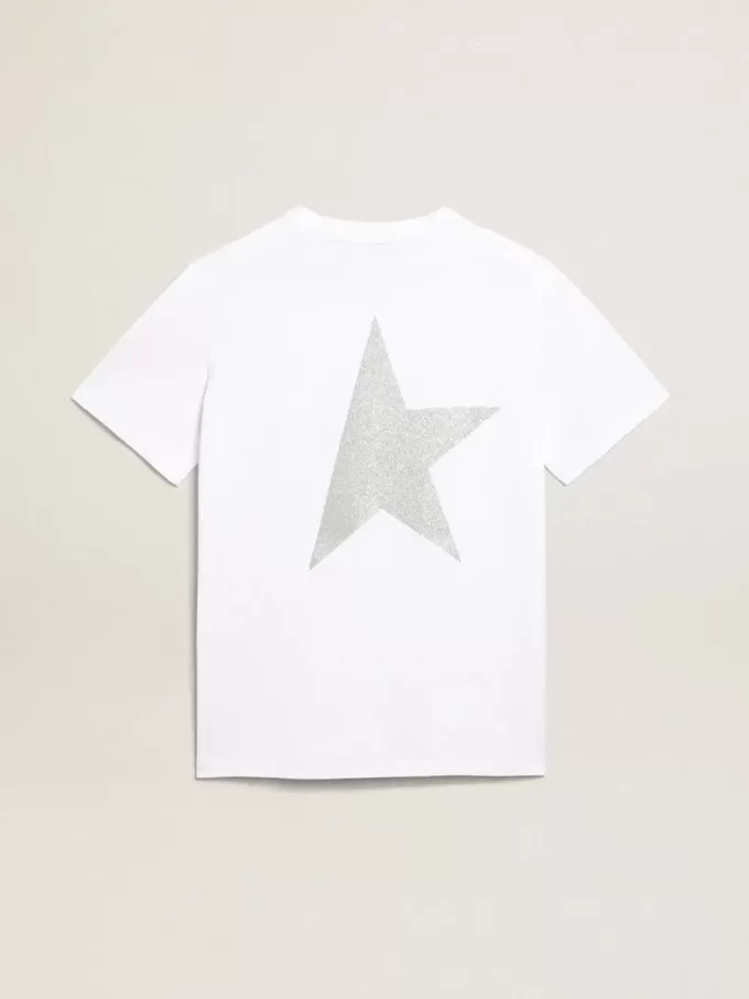 Camiseta blanca de mujer con logotipo y estrella plateados brillantes Camiseta blanca de mujer con logotipo y estrella plateados brillantes