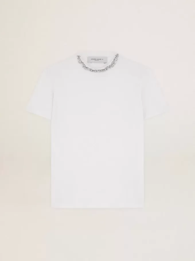 Camiseta blanca para mujer con cristales cabujones Camiseta blanca para mujer con cristales cabujones