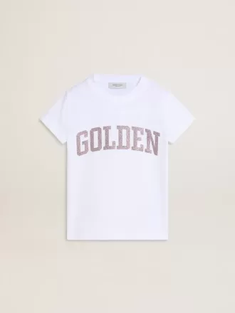 Camiseta blanca para niña con letras doradas y purpurina rosa.