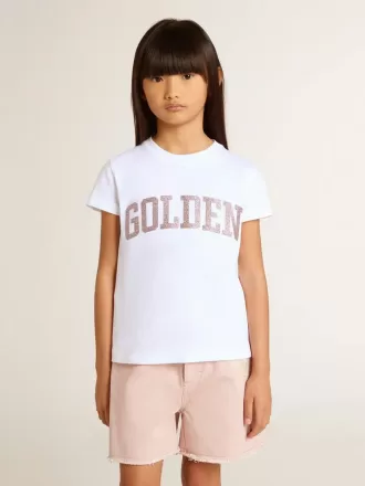 Camiseta blanca para niña con letras doradas y purpurina rosa.
